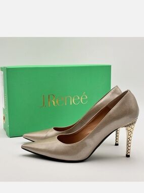 J.Renee Metallic Taupe Pointed Pumps with Gold Textured Heel